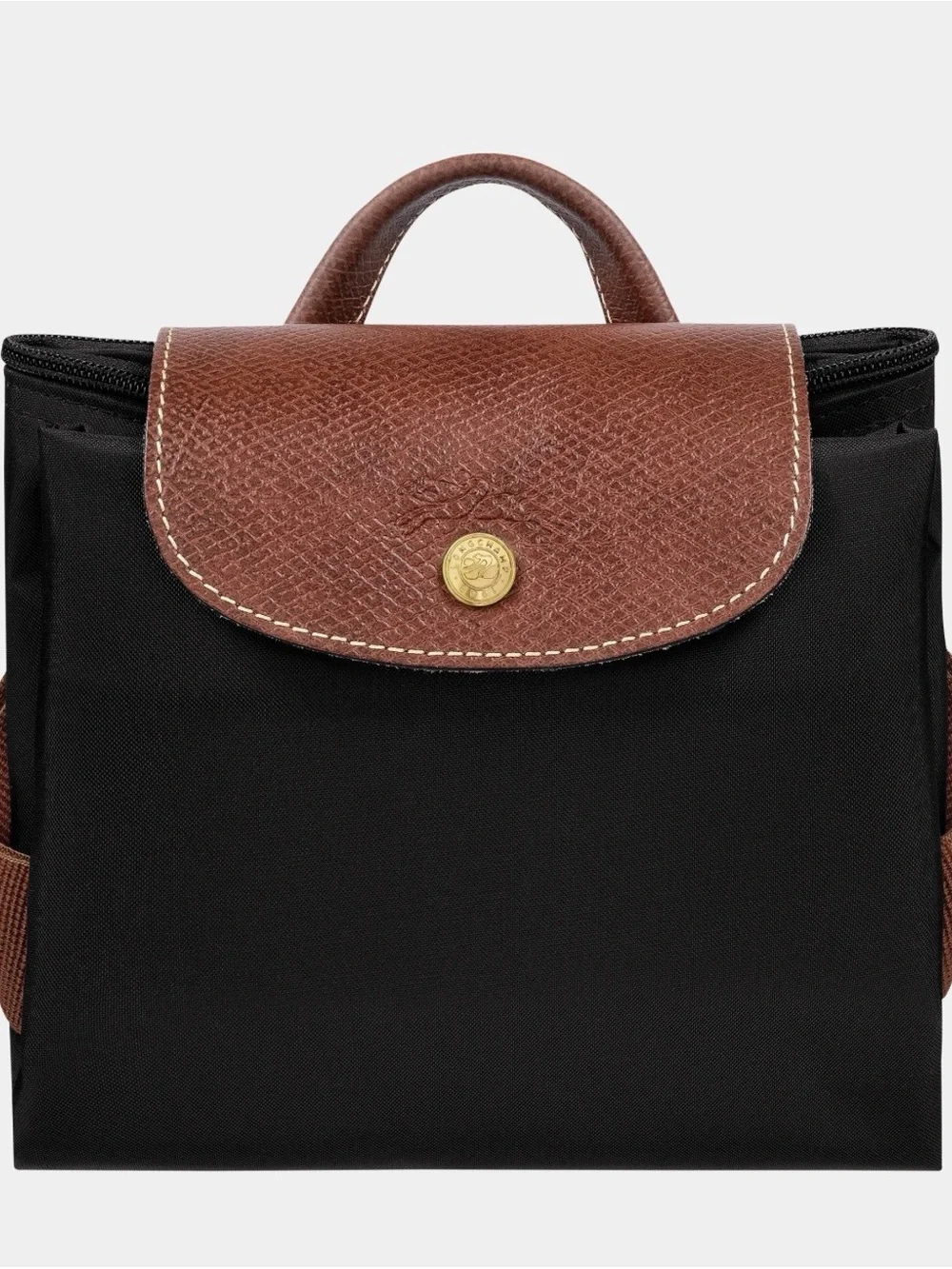 Longchamp Le Pliage Black Backpack with Brown Trim